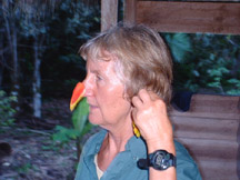 Jean demostrates the Pico de Loro (Beak of the Parrot) plant